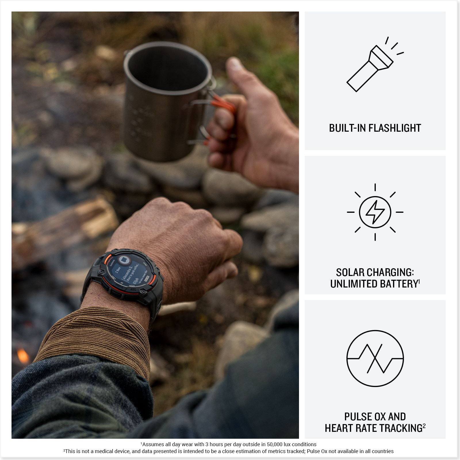 Garmin Instinct 3 45mm, Solar Charged Display, Rugged Outdoor GPS Smartwatch, Metal-Reinforced Bezel, Built-In Flashlight, Black