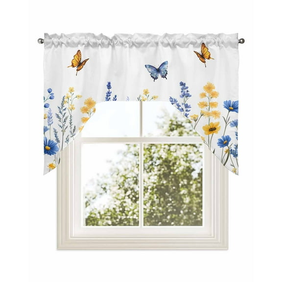 Spring Floral Kitchen Curtains Swag Valance for Windows/Bathroom/Cafe, Summer Pastoral Butterfly Watercolor Rod Pocket Drape Panel Swag Curtains Valance for Bedroom/Living Room 56"x36"