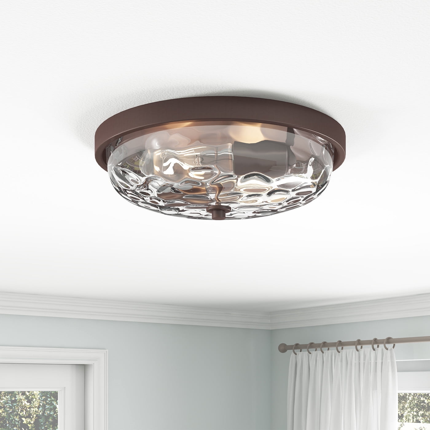 Aiwen 2-Light Bronze Ceiling Lamp Ripple Clear Glass Metal Flush Mount Light Fixture