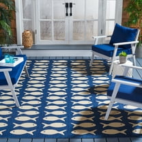 SAFAVIEH Courtyard Tranter Fishes Indoor/Outdoor Area Rug, Navy/Beige, 6'7" x 9'6"