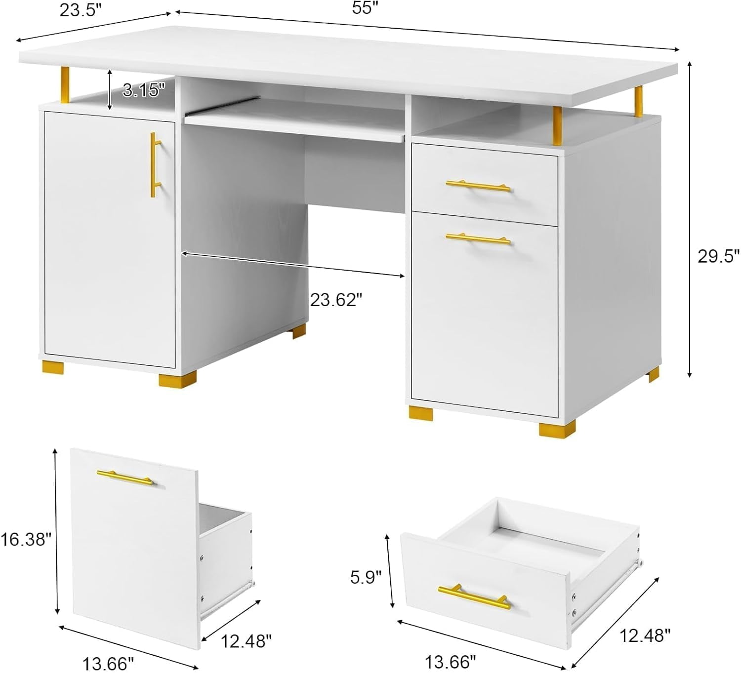 DreamCurship White and Gold Desk with Drawers,White Computer Desk with File Drawer, 55"Executive Desk with Keyboard Tray, Storage Cabinet, White and Gold