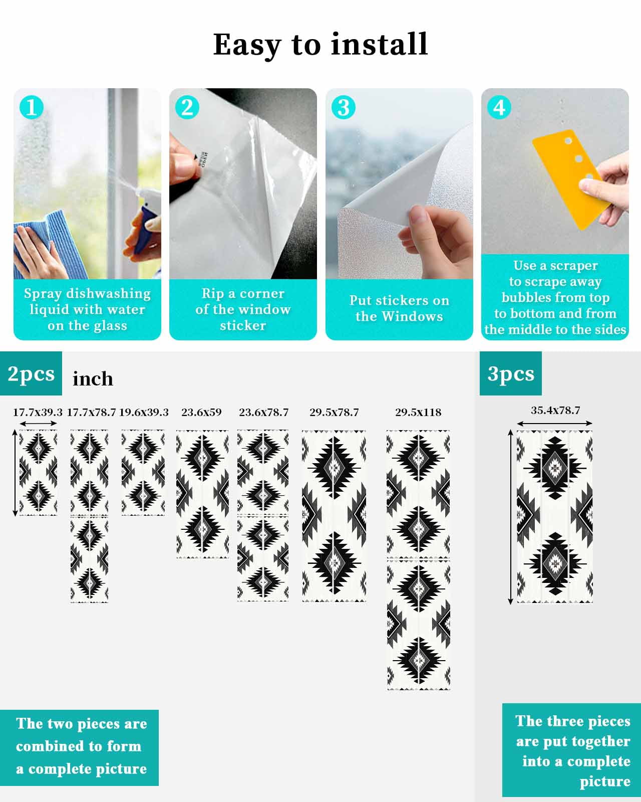 Window Privacy Film Black Aztec Stained Glass Window Film Decorative Sun Block Window Cover Southwest Boho Tribal Abstract Geometric Window Clings Static Adhesive Sticker for Bathroom 23.6"x59"