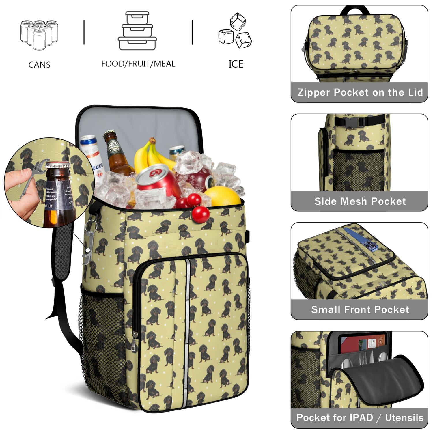 Travel Cooler Bag - Dachshund Footprint Camping Beer Cooler Backpack with Bottle Opener- Waterproof Insulated Picnic Backpacks - Cooler Bag for Beach