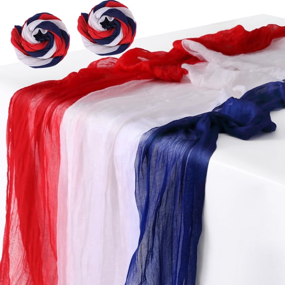 Ebaokuup 2Pcs 4th of July Cheese Cloth Table Runner, 120"x38" Red White Blue Gauze Tablecloth for Patriotic Decor