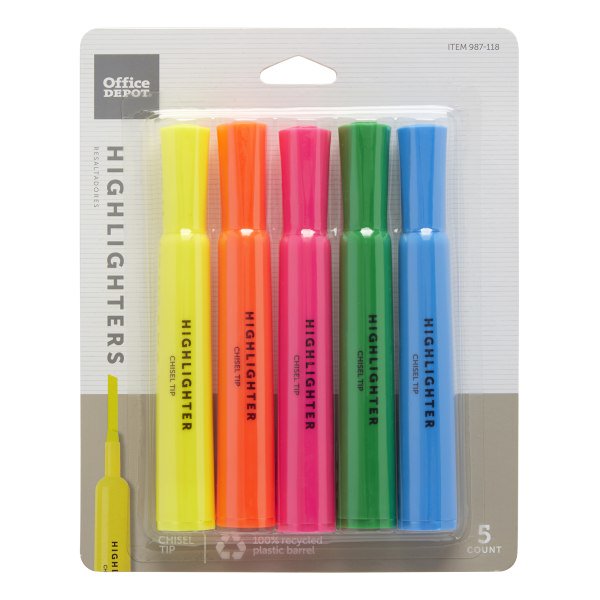 Office Depot ChiselTip Highlighters, Assorted Colors, Pack Of 5, 0