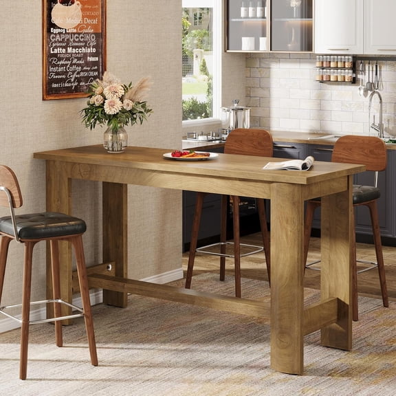 Finmind 63" Long Bar Table, Farmhouse Counter Height Pub Table for Kitchen, Bistro, Brown