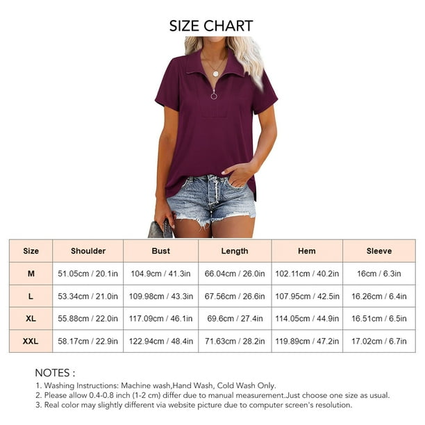 Blusa Cremallera Cuello en V Abertura lateral Color puro Casual Tops sueltos de manga corta para mujer Rojo vino M Walmart en linea