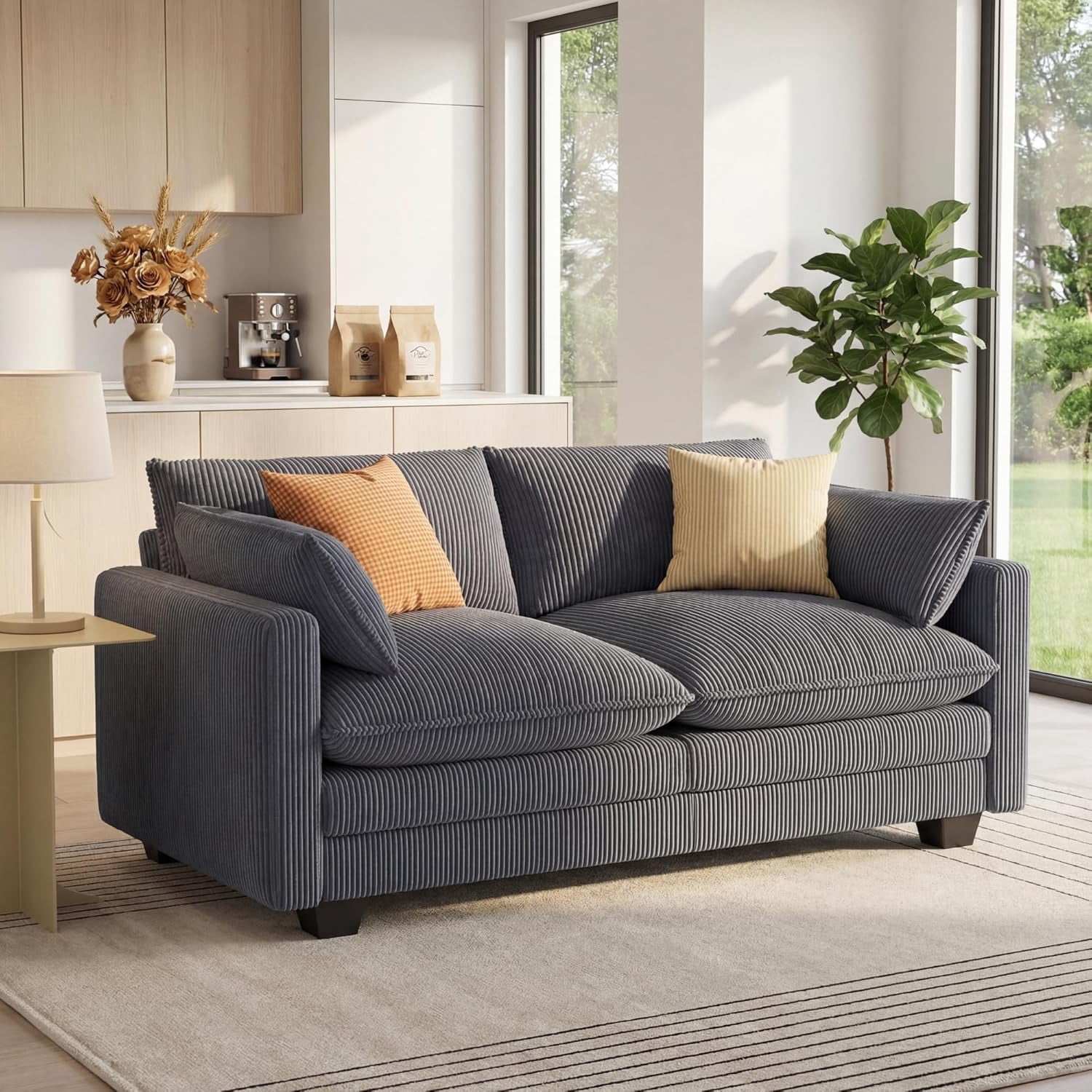 Noelse 75” Cloud Loveseat with Comfy Double Layer Upholstered Cushion, 2 Seater Modern Overstuffed Love seat Couch with Removable and Washable Corduroy Fabric for Living Room or Small Places, Grey