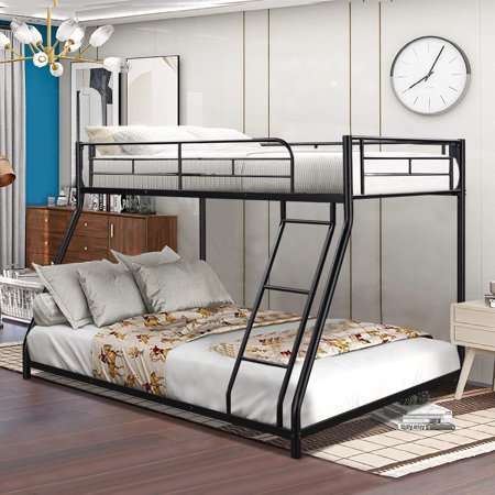 SESSLIFE Twin Over Full Bunk Bed  Metal Floor Bunk Bed with Safety Guardrail  Climbing Ladder  Easy to Assemble  Saving Space  Kids Bed Bedroom Storage Guard Rail Ladder (Black)