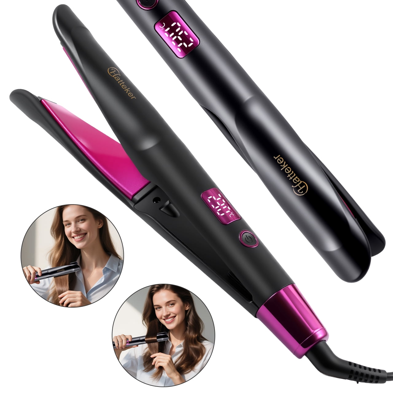 HATTEKER Professional 2-in-1 Curling & Straightening Iron - Hair straightener - curling iron - 11 Temperature Settings - Auto Shut-off - Black