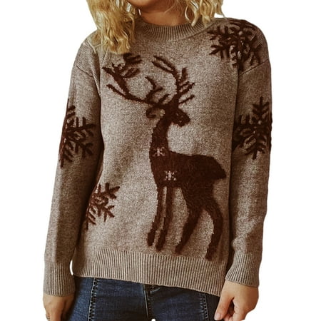 

Genuiskids Women s Christmas Sweaters Long Sleeve Cute Reindeer Print Sweatshirt Crewneck Pullover Christmas Holiday Knit Tops