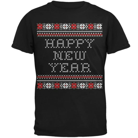 Happy New Year Ugly Christmas Sweater Black Adult T-Shirt - Medium
