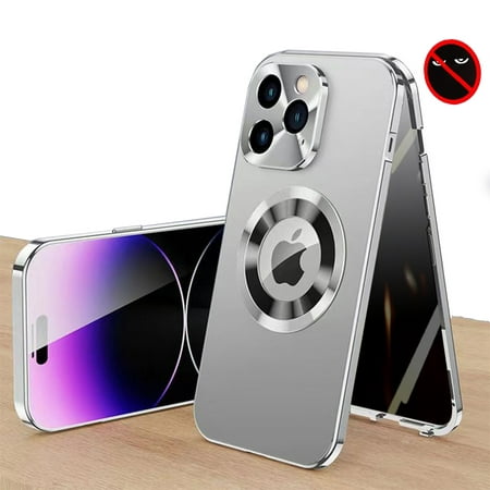 Dteck Privacy Magnetic Case for iPhone 14 Pro Max, Anti Peep Magnetic Adsorption Privacy Screen Protector Metal Bumper Full Body Case with Lens Protector Anti-Spy Phone Case,Silver