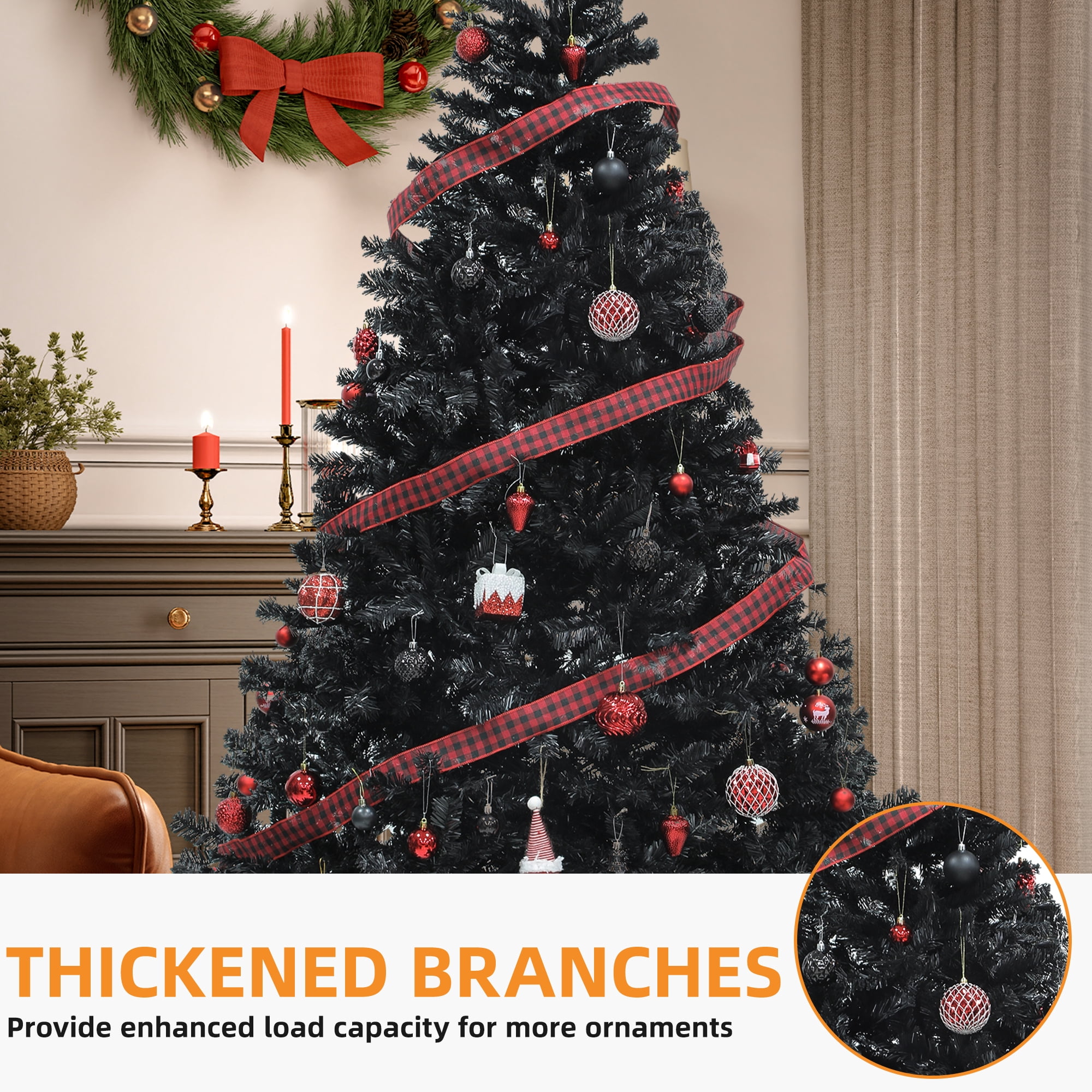Uforic 7.5ft Premium Spruce Artificial Christmas Tree, Halloween Black Artificial Christmas Pine Tree with 1258 Branch Tips,Metal Hinges & Foldable Base, Black