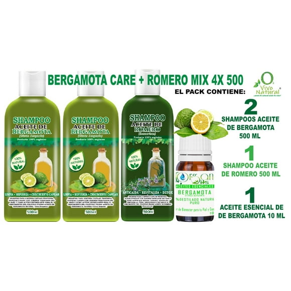 Bergamota Care + Romero Mix 4X 500 VIVONATURAL. 2 Shampoos Aceite de Bergamota 500 ml + Shampoo Aceite de Romero 500 ml + Aceite Esencial de Bergamota 10 ml