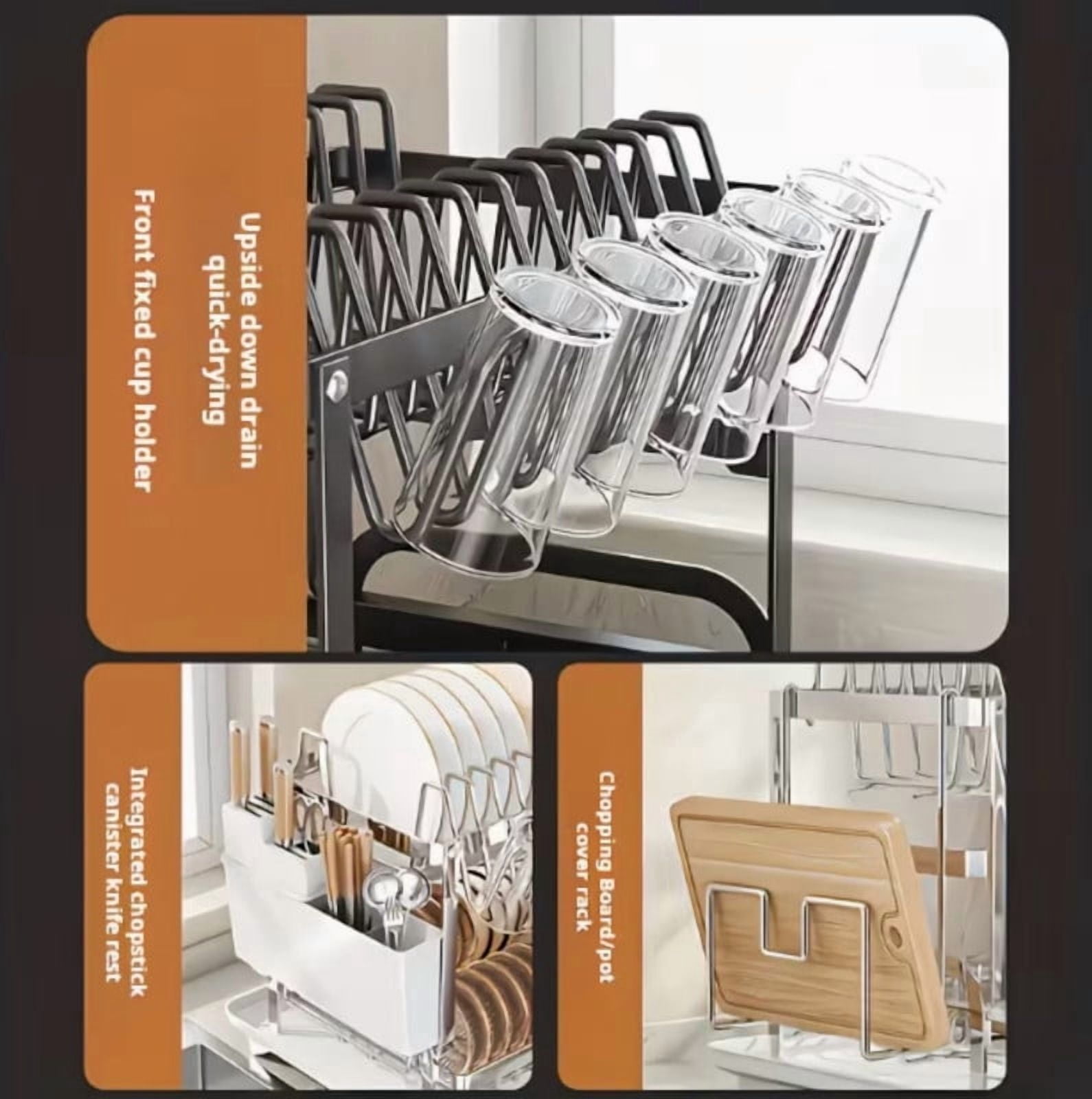Dish Drying Rack, 2 Tier Large Dish Drying Rack for Kitchen Counter with Drainboard Stainless Steel Dish Drainer for Dish/Knifes/Cup/Cutting Board