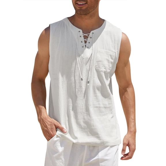 COOFANDY Men's Cotton Linen Tank Top Shirts Casual Sleeveless Lace Up Beach Hippie Tops Bohemian Renaissance Pirate Tunic