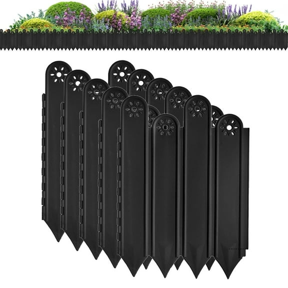 Black Garden Picket Fence, 22-25cm High X 1M Long, Plastic Garden Picket Fence Edgings - Black Insert for Flowerbeds, Plant Borders, Landscaping, Outdoor Path, Easy Installation, Kingtowag