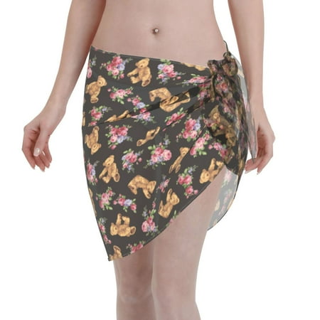 Qekee Rose Flower Bear Women s Short Sarongs Cover Ups Sheer Bikini Wraps for Swimwear