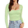thumbnail image 1 of Camisa de manga larga MANGOPOP para mujer, cuello cuadrado, color verde helecho, 1 of 6