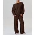 thumbnail image 5 of Women'S 2 Piece Outfits Off the Shoulder Crop Top Wide Leg Sweatpants Matching Lounge Sets Brown XL, 5 of 8