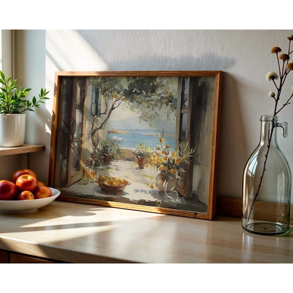 Mediterranean Terrace Wall Art, Coastal Italian Landscape With Lemons And Ocean View, Tuscan Kitchen Home Decor #1186, Unframed Poster Size 8x12