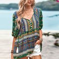 thumbnail image 2 of Camiseta holgada de verano con cuello en V y mangas abullonadas con estampado especial para mujer, 2 of 6