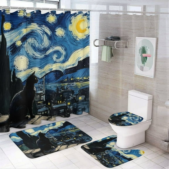 Cute Cat Shower Curtain 4-Piece Bathroom Decor Set, 72" x 72" Shower Curtain with Toilet Cover Mat, U-Shaped Mat, Non-Slip Floor Mat, Cute Cat Theme