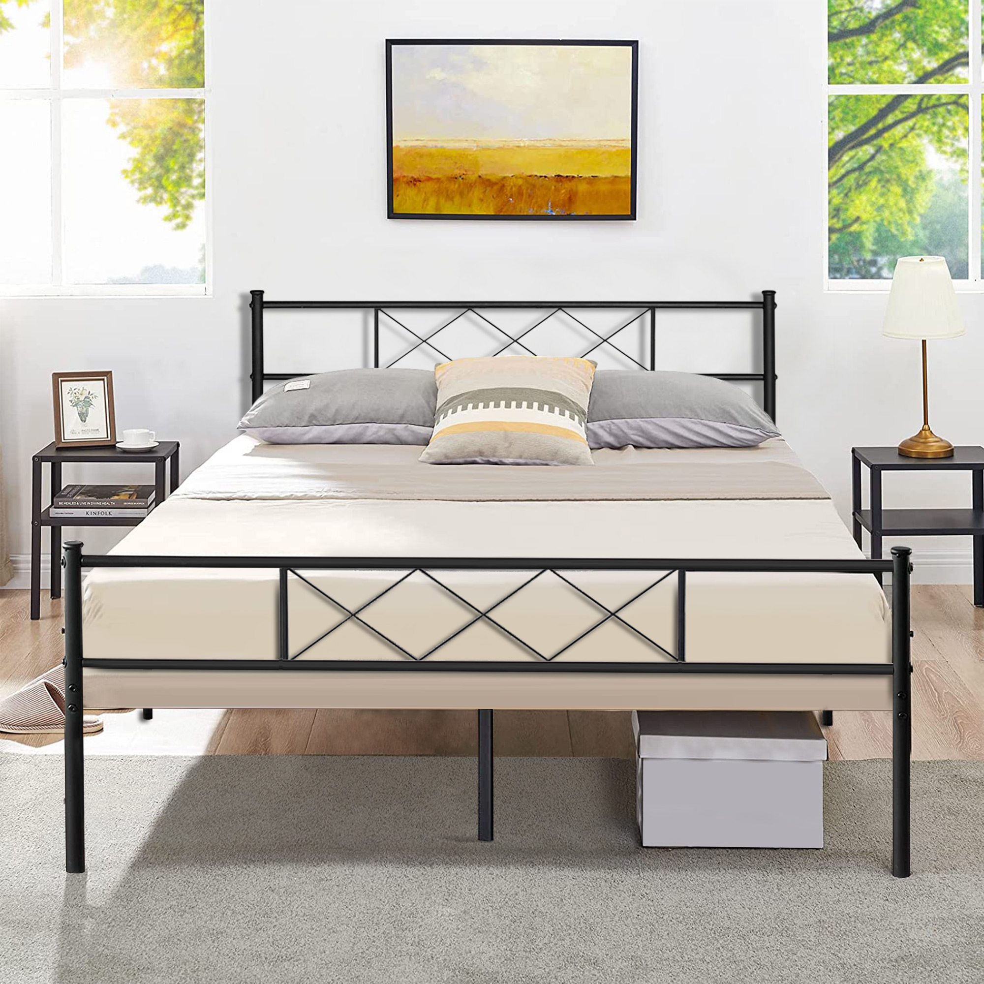 SYNGAR Black Iron Platform Bed Frame Full Size with Vintage Headboard