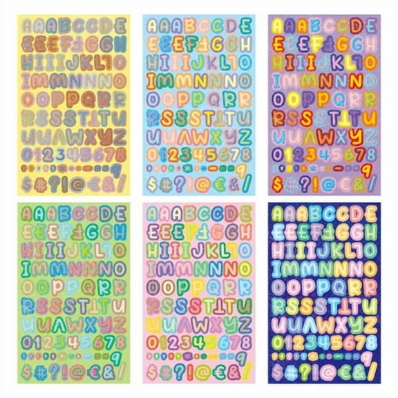 AQRS 6 Sheets English Letter Sticker Self-adhesive Vinyl Iridescent Colorful Alphabet Number Punctuation Craft Scrapbooking Bulletin Board Water Bottle Decal DIY Supplies
