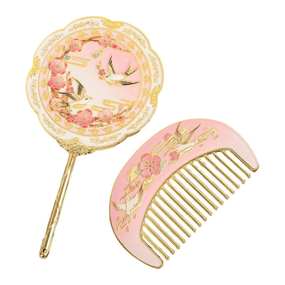 Espejo de mano con cepillo para el pelo, regalo, diseño antiguo, portátil, elegante, en relieve, para mujeres y niñas, espejo de maquillaje para Estilo B