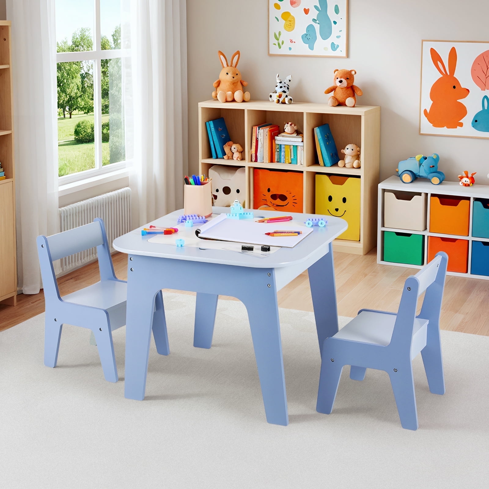 LAZY BUDDY Wooden Kids Table and 2 Chairs Set with Storage, Toddler Activity Table with 2 Removable Double-Sided Tabletops for Drawing, Arts Crafts Playing