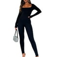 thumbnail image 2 of Women Fall Bodycon Jumpsuits Solid Color Square Neck Long Sleeve Long Rompers Fashion Skinny Playsuits Streetwear, 2 of 10