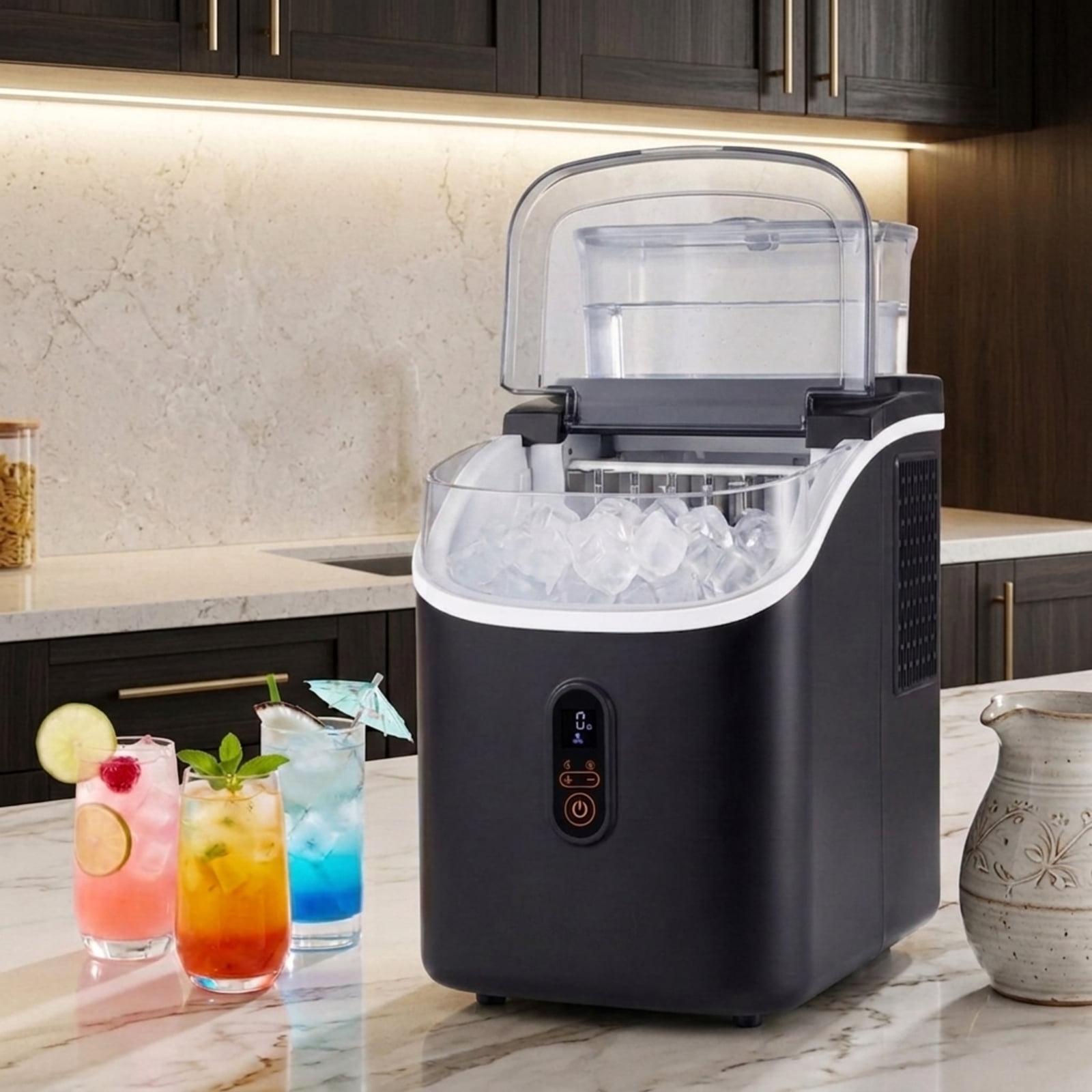 RUIE Countertop Ice Maker Machine 34 lbs/Day, Portable Ice Cube Maker with External Water Tank Self-Cleaning and 13 Thickness Levels, Black
