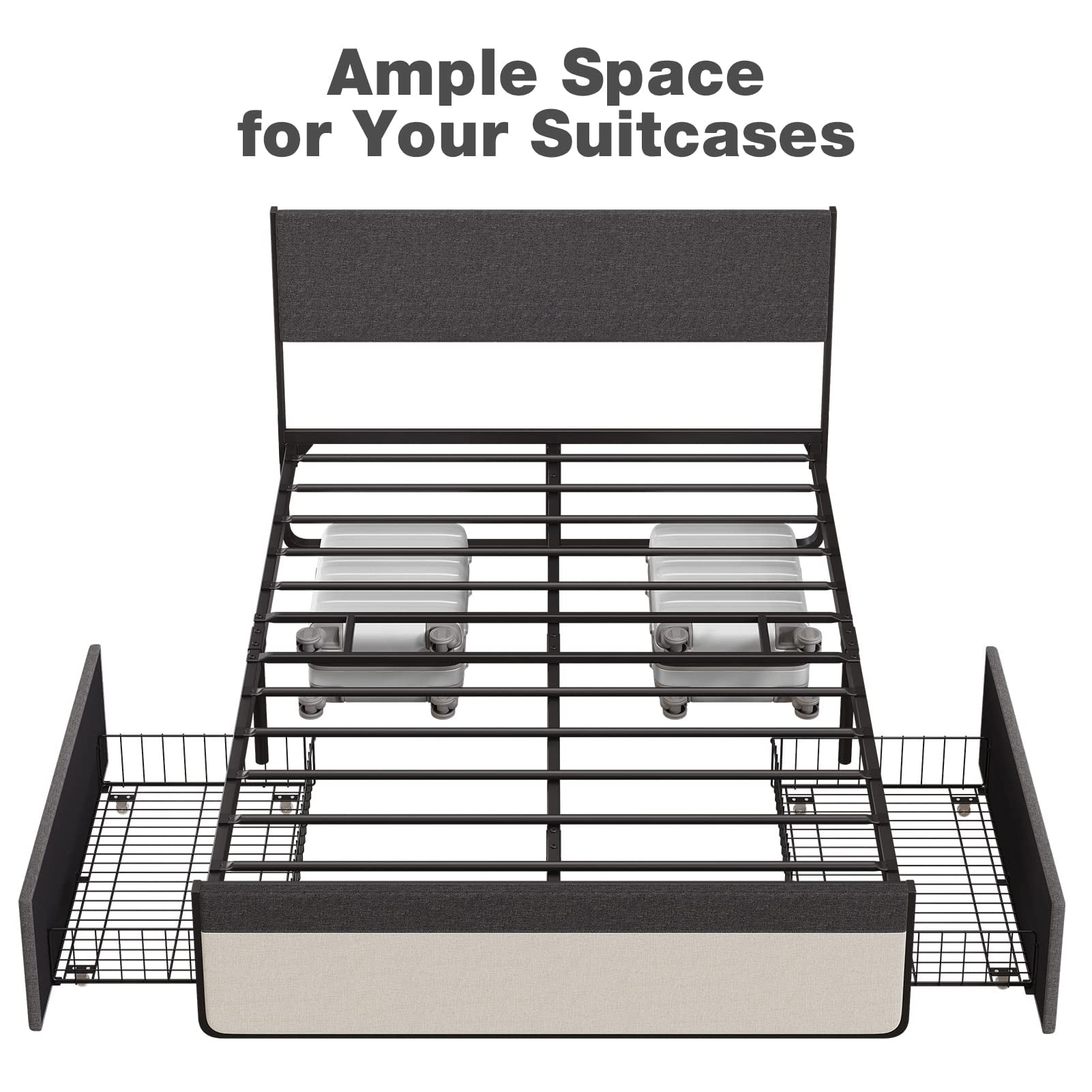 Full/Queen Size Bed Frame with 2 Storage Drawers, Upholstered Platform Bed Frame with Headboard, Mattress Foundation with Steel Slats Support, No Box Spring Needed