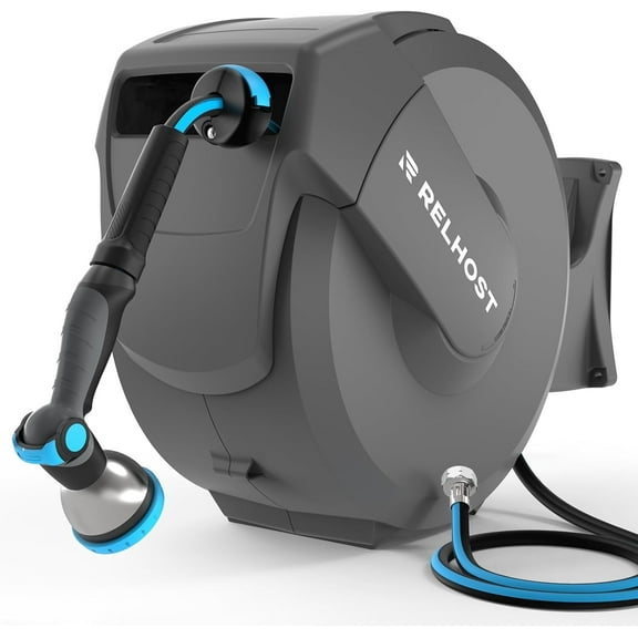 Relhost Retractable Garden Hose Reel 100 ft x 5/8 in, Heavy Duty Hose Reel Wall Mount with Any Length Lock, Slow Return System, 180° Swivel Bracket, 10-Pattern Garden Hose Nozzle, Dark Grey