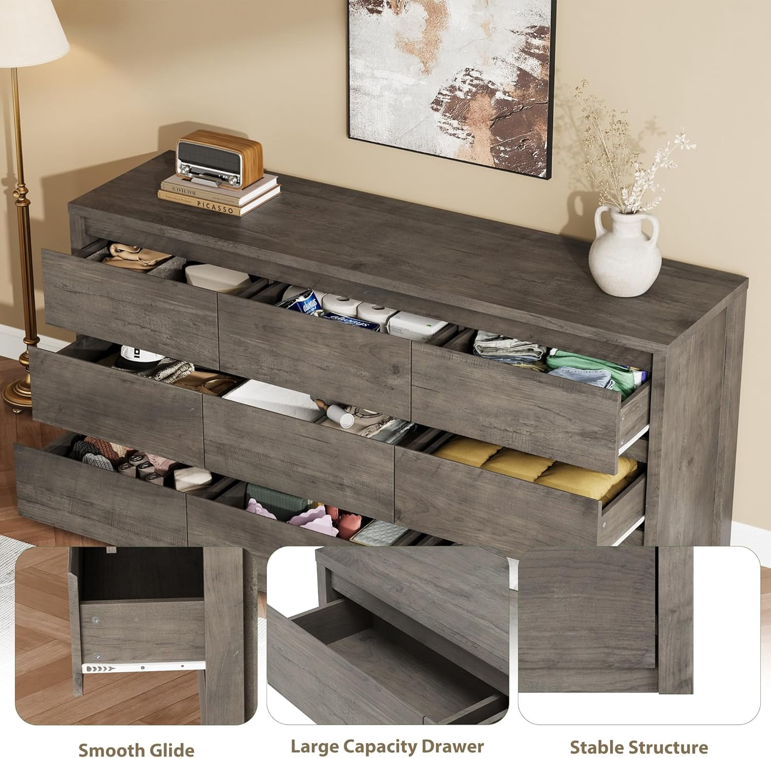 Modern 9 Drawer Dresser for Bedroom, Wide Wooden Chest, Large Storage Organizer, Versatile Furniture for Living Room Hallway Entryway - Gray
