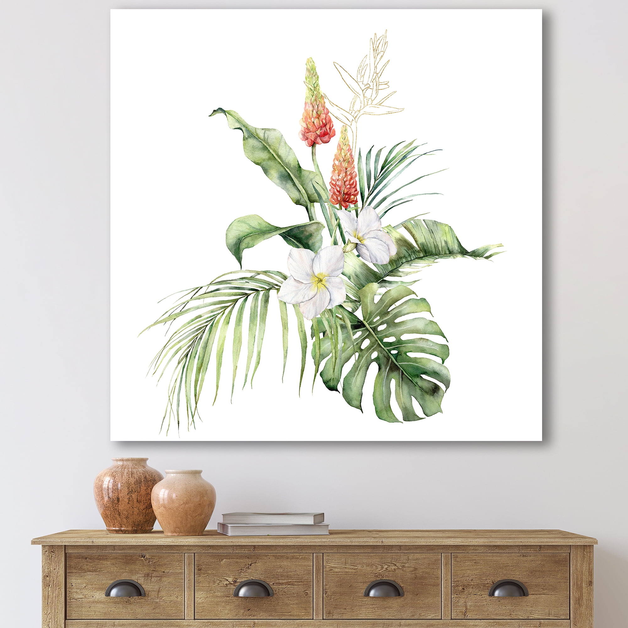 Designart ' Tropical Bouquet With Plumeria Lupine Palm Leaves ' Traditional Canvas Wall Art Print