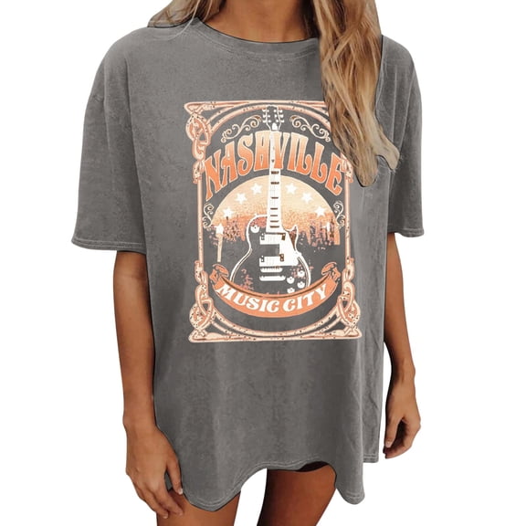 Womens T Shirts Short Sleeve Oversized Rock Band Country Music Vintage Guitar Graphic Casual Tee Top Grey L