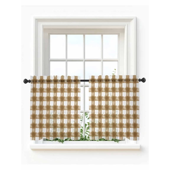 Brown White Plaid Tier Curtains 36 Inch Length,Sheer Curtains for Bedroom Living Room Window Watercolor Farmhouse Checkered Rod Pocket Drapes Kitchen Curtains Small Half Window 27.5"x36" 2 Panels