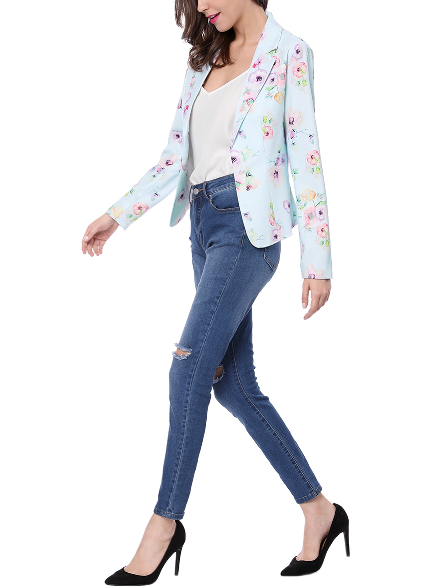 DARING DIVA Women's Elegant Notched Lapel Floral Print Blazer S Blue-Floral