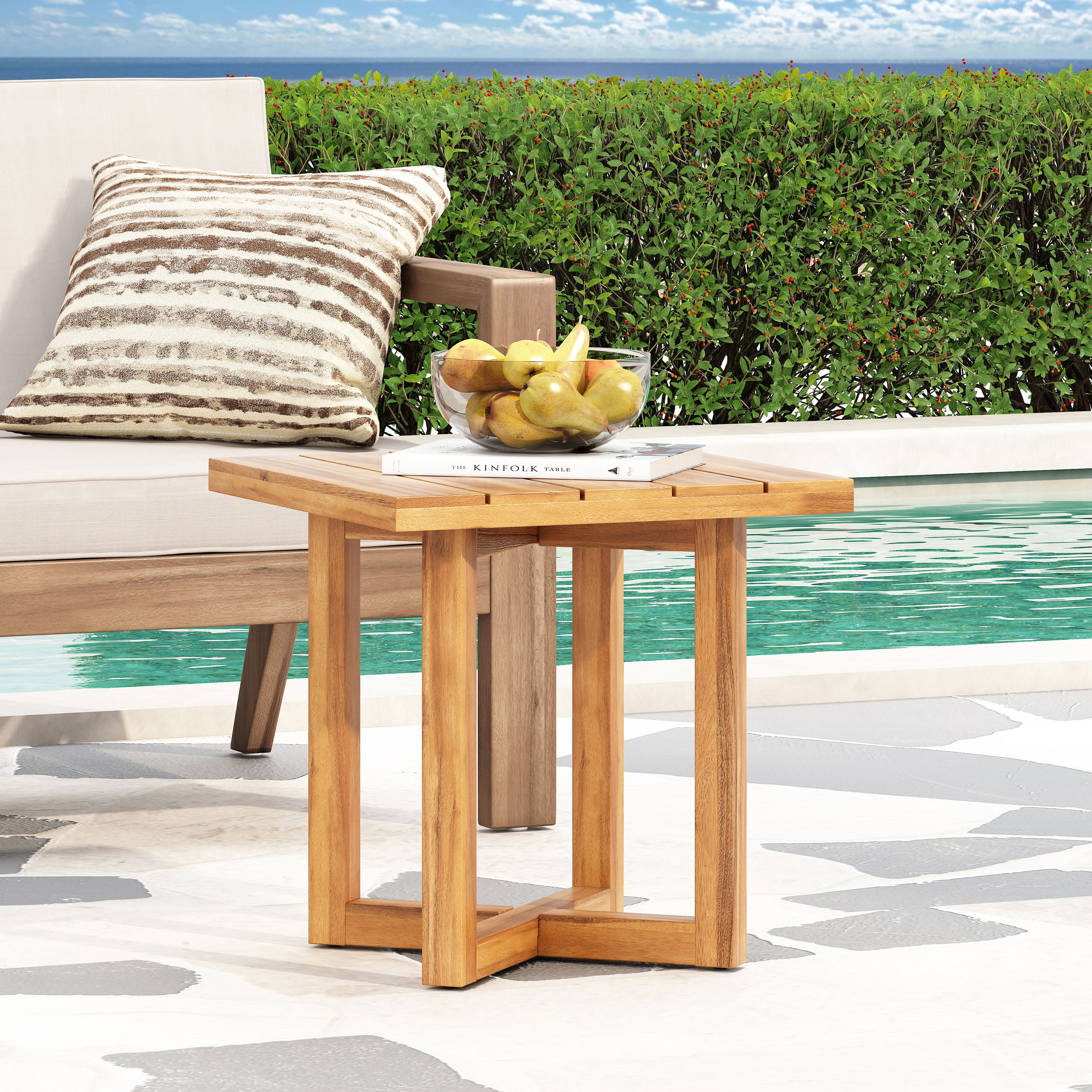Outdoor Square End Table, Acacia Wood Accent Side Table for Patio Garden, Teak
