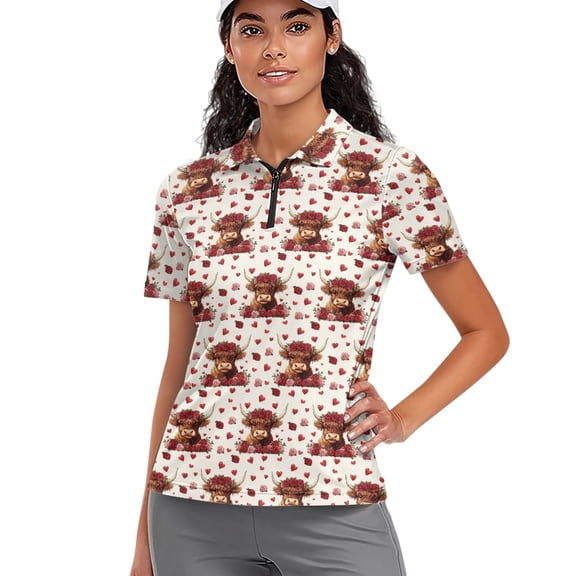 Whosucclay Calf and Rose Pattern Soft Polo Shirts for Bowling Golf Tennis, Anti Fade Golf Polo Tops 1/4 Zip Polyester Golf Shirt Size Medium