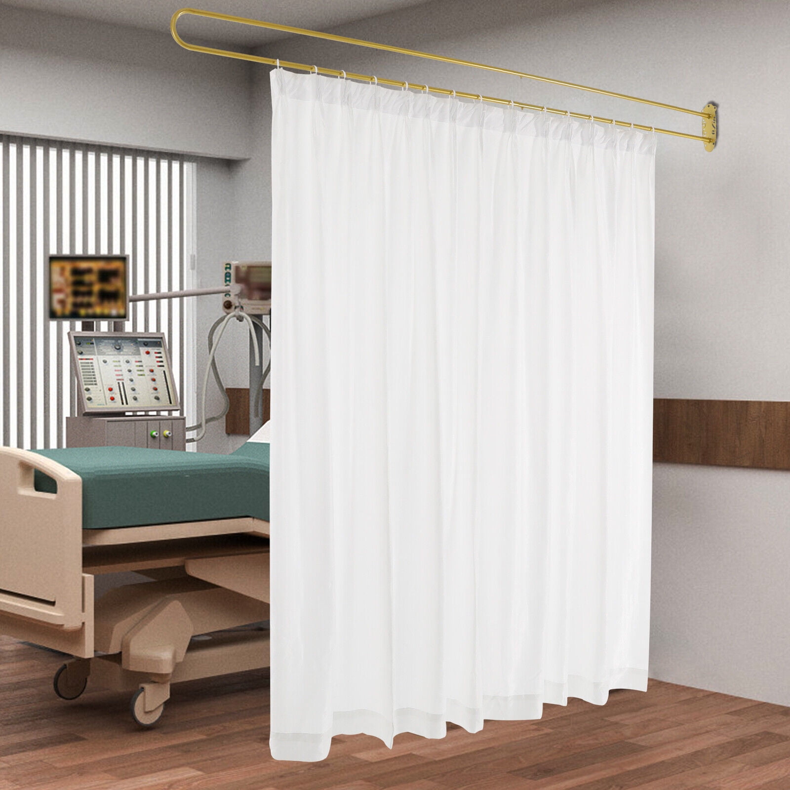 Gold U Shape Curtain Rod 7.5ft, Ceiling Mounted Privacy Partition with White Sheer Fabric, Heavy Duty Iron Curtain Track Room Divider for Bedroom Studio Office, Easy Installation