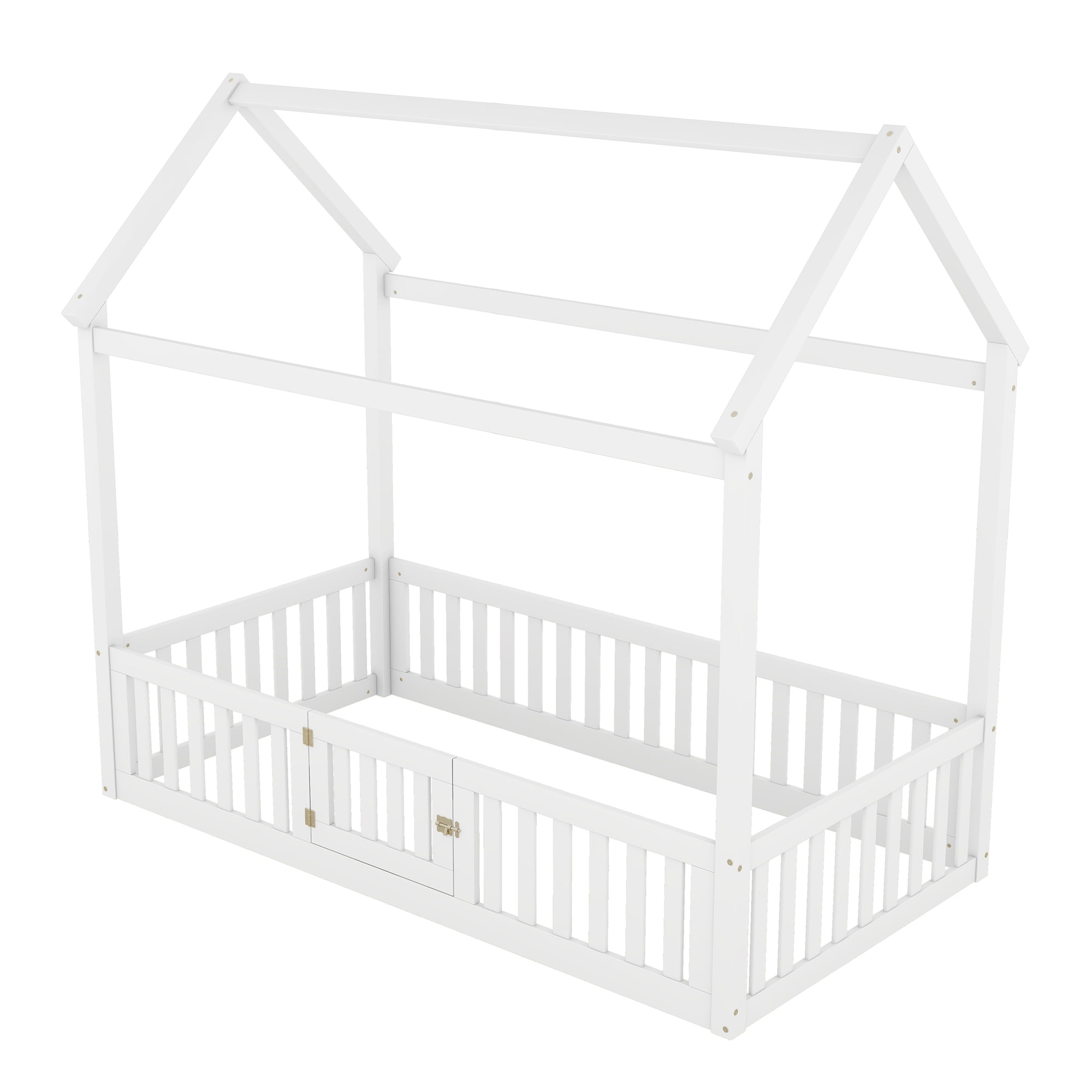Euroco Twin Size Low House Bed with Fence and Door, White