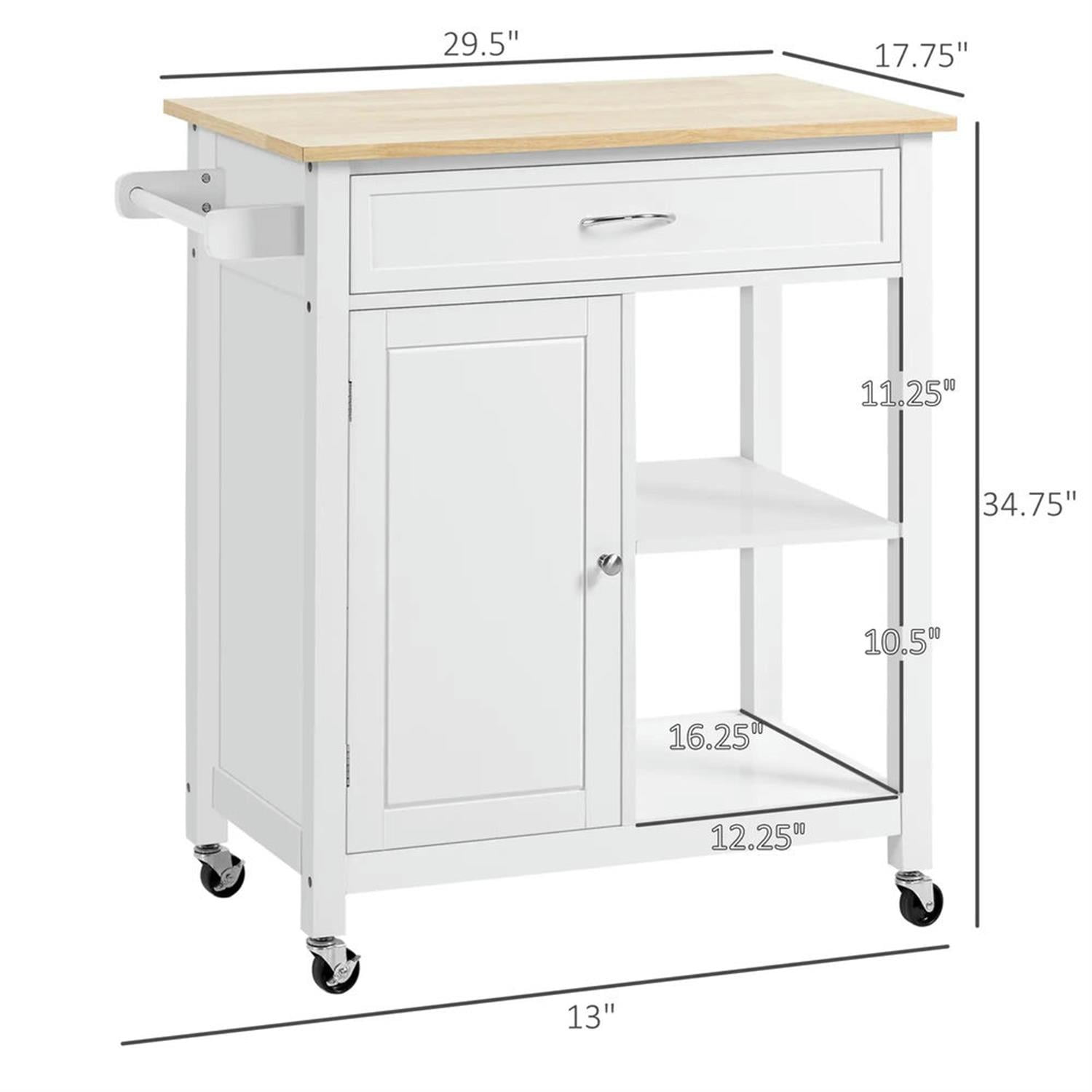 Demi Bonn 34" Kitchen Island Cart on Wheels with Storage Shelf, Rolling Dining Room Serving Utility Carts Mobile Movable with Wood Top and Drawer, White