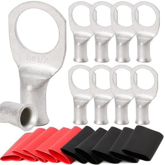 10 Pcs 8 Crampons en Fil de Cuivre de Qualité Marine, avec Tube Rétractable à la Chaleur 3:1, Embouts de Câble de Batterie UL, Crampons de Câble Robustes, Illets en Cuivre Teintés, Bornes Tubulaires