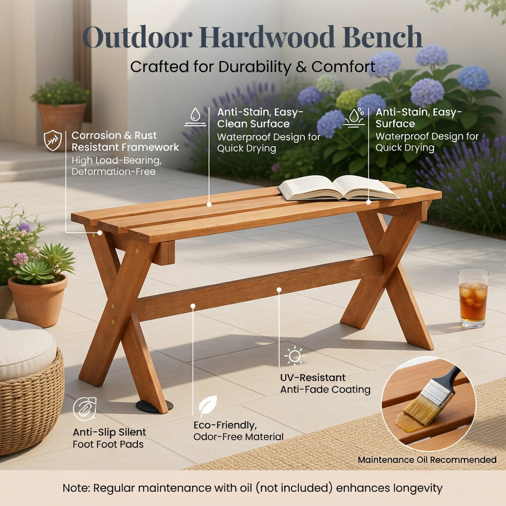 Hommoo 36" Solid Hardwood Outdoor Patio Bench Set of 2, Backless Teak-Oil Finished Dining Benches for Garden, Porch & Deck, Natural