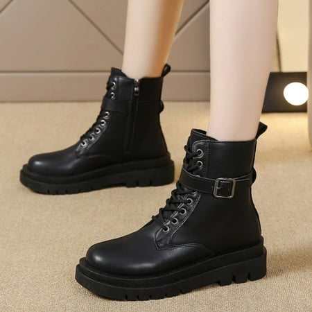 

mishuowoti ankle boots for women 2023 fashion autumn and winter women ankle boots thick sole non slip lace up solid color buckle casual style