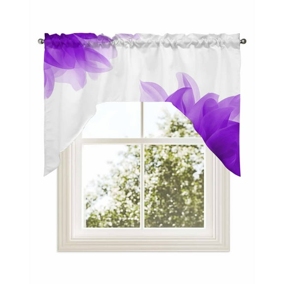 Purple Kitchen Curtains Swag Valance for Windows/Bathroom/Cafe, Boho Modern Floral Abstract Ombre Leaf White Rod Pocket Drape Panel Swag Curtains Valance for Bedroom/Living Room 56"x36"